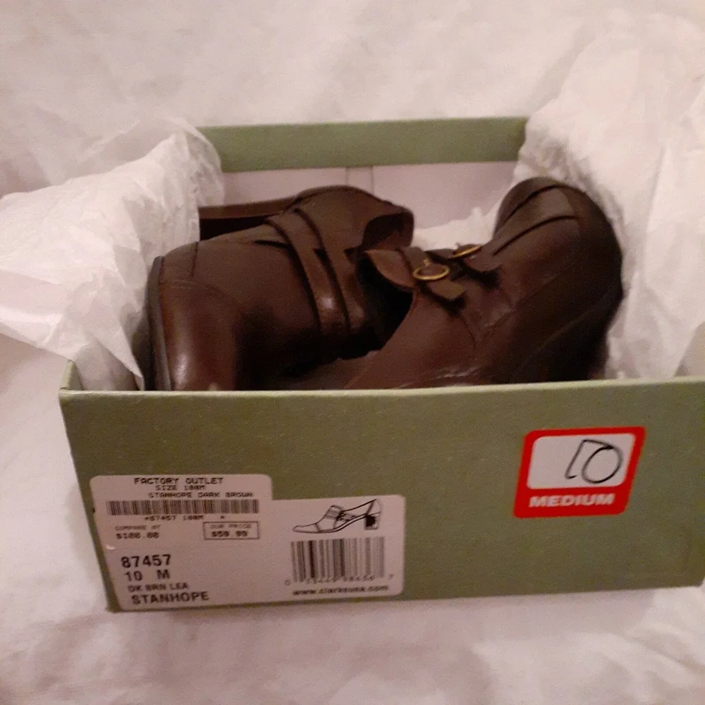 Clarks Stanhope Loafer Shoe Womens Dark Brown Leather Slip On Block Heel 10M NEW - Picture 6 of 15